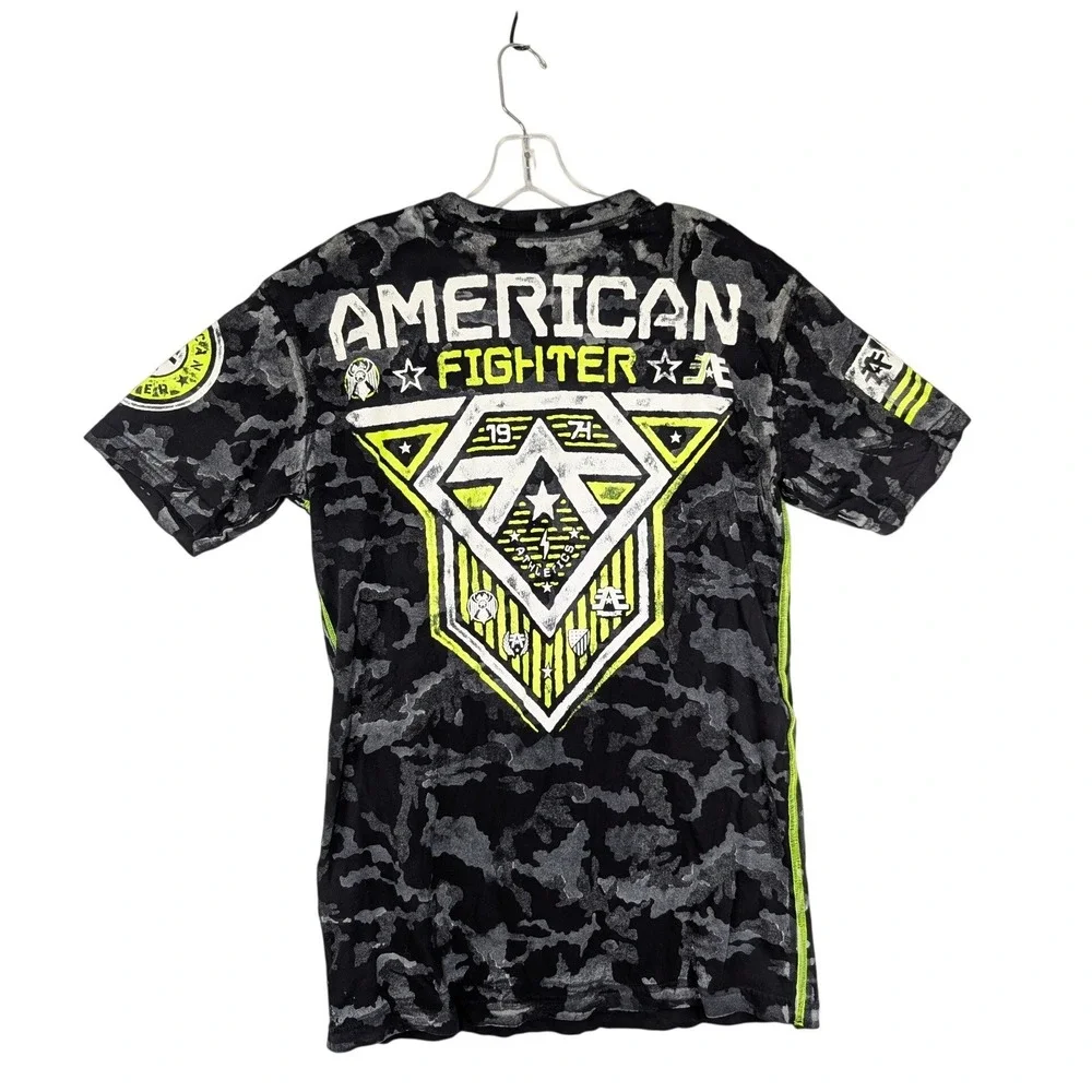 American Fighter T-Shirt Mens Medium Black Camo Neon Yellow Graphic Buckle Tee